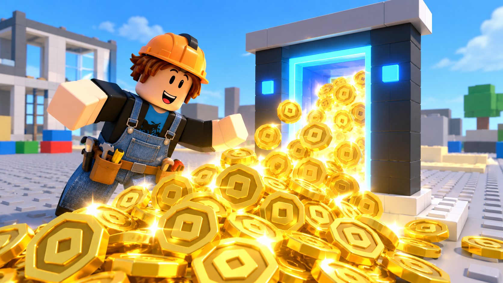 Avatar de Roblox constructor junto a un montón de Robux saliendo del juego que ha creado