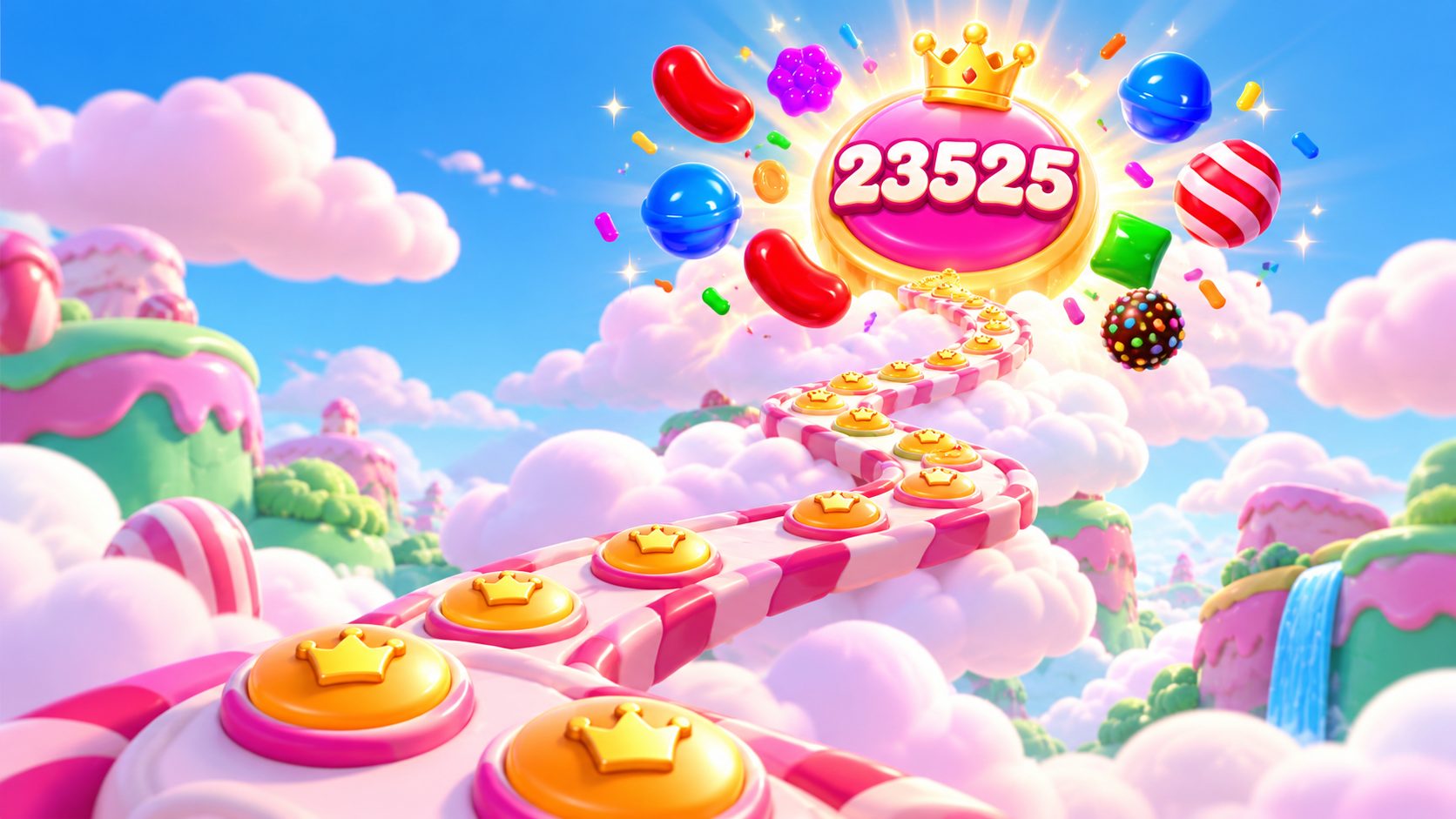 Mapa de niveles de Candy Crush Saga que sube hasta el cielo con el nivel 23525 brillando arriba