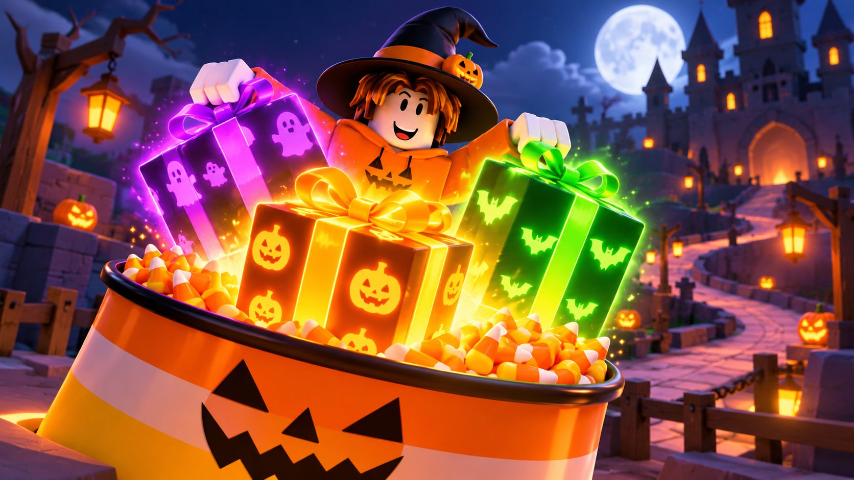 Un avatar de Roblox saca tres regalos gigantes de un cubo de caramelos de Halloween