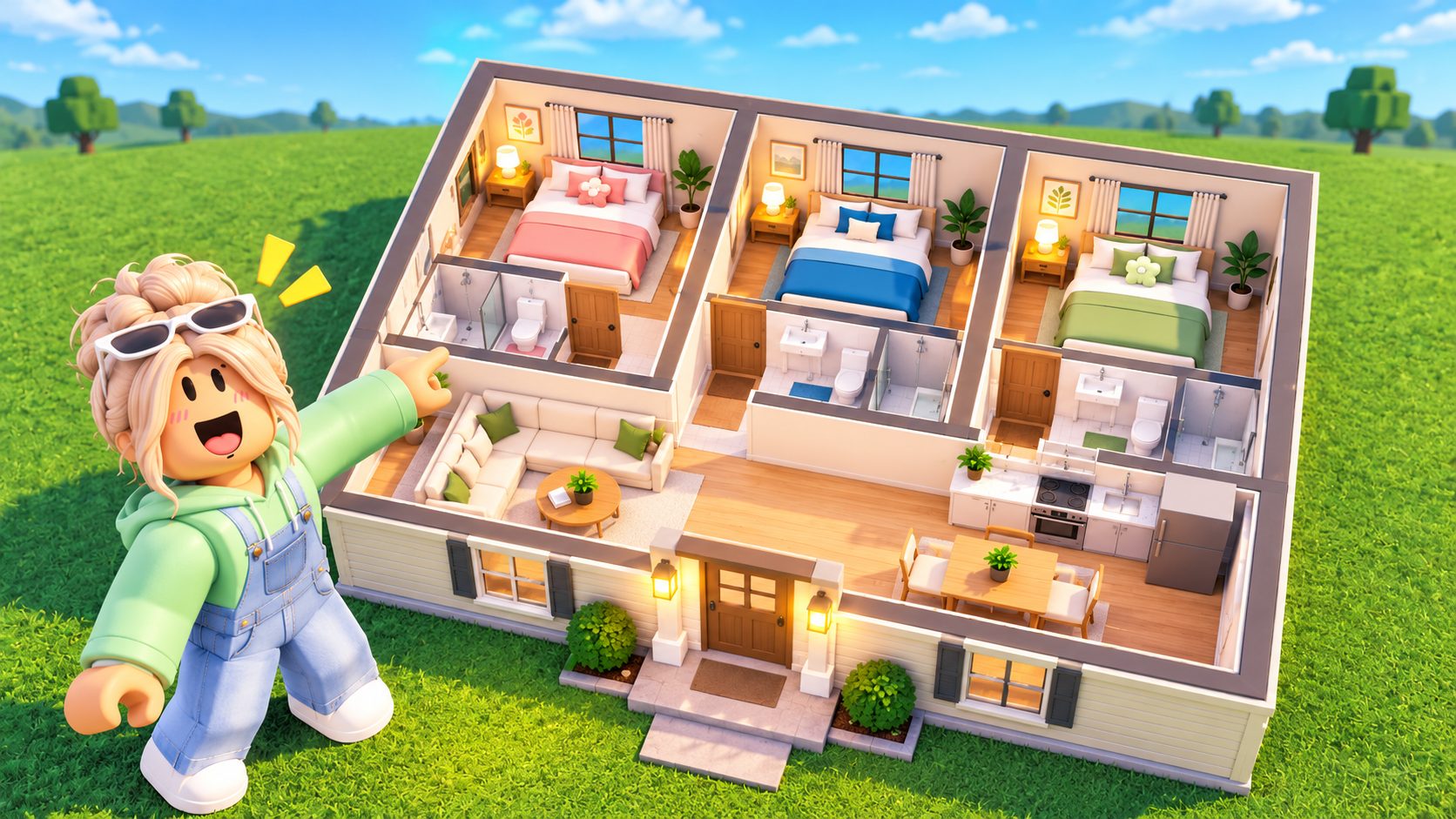 Casa pequeña de Welcome to Bloxburg vista con las paredes bajadas, con tres dormitorios dentro y un avatar sorprendido