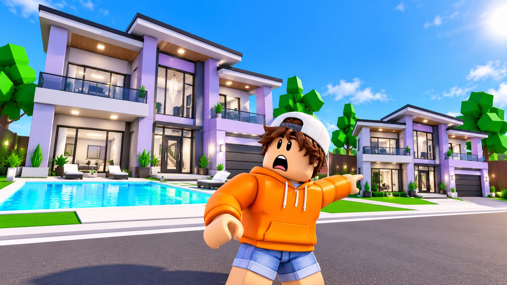 Dos casas del mismo estilo en Brookhaven, una de lujo con piscina y otra más pequeña, con un avatar de Roblox sorprendido delante