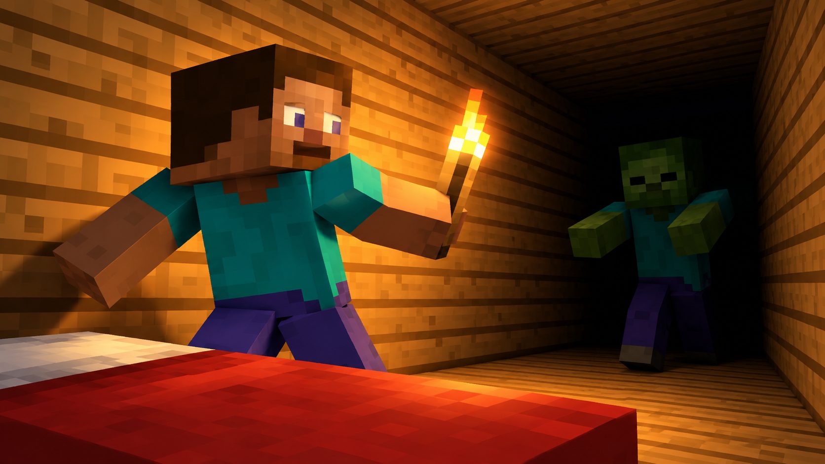 Steve con una antorcha junto a su cama mientras un zombi sale del rincón oscuro de su casa de Minecraft