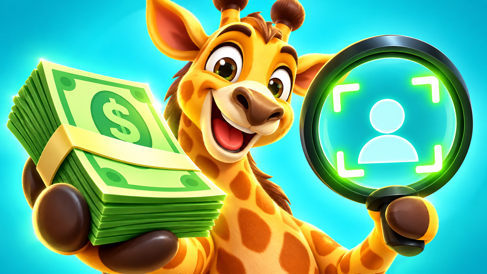 La jirafa de Cash Giraffe ofrece billetes y sostiene un marco de verificación facial