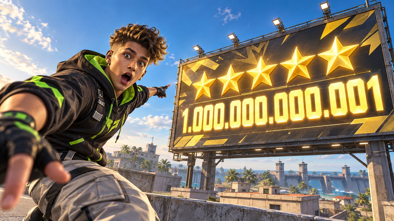 Superviviente de Free Fire en Bermuda señala con asombro un cartel gigante con cinco estrellas y la cifra 1.000.000.000.001