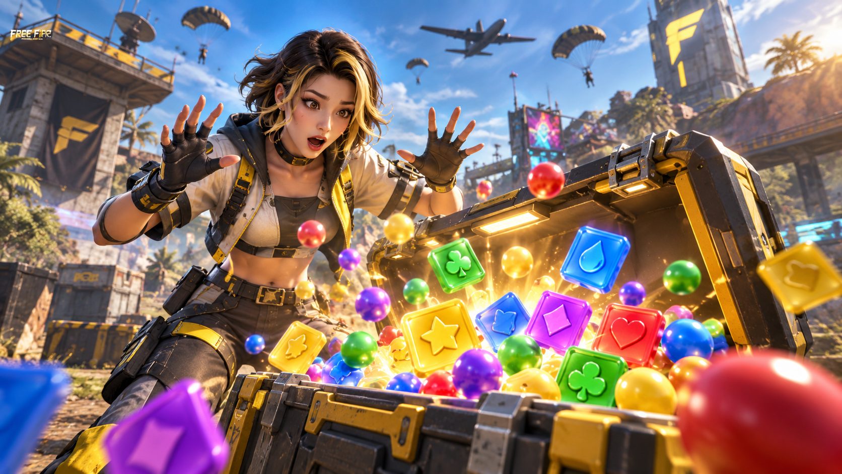 Superviviente de Free Fire Max abre una caja llena de fichas de minijuegos en lugar de armas