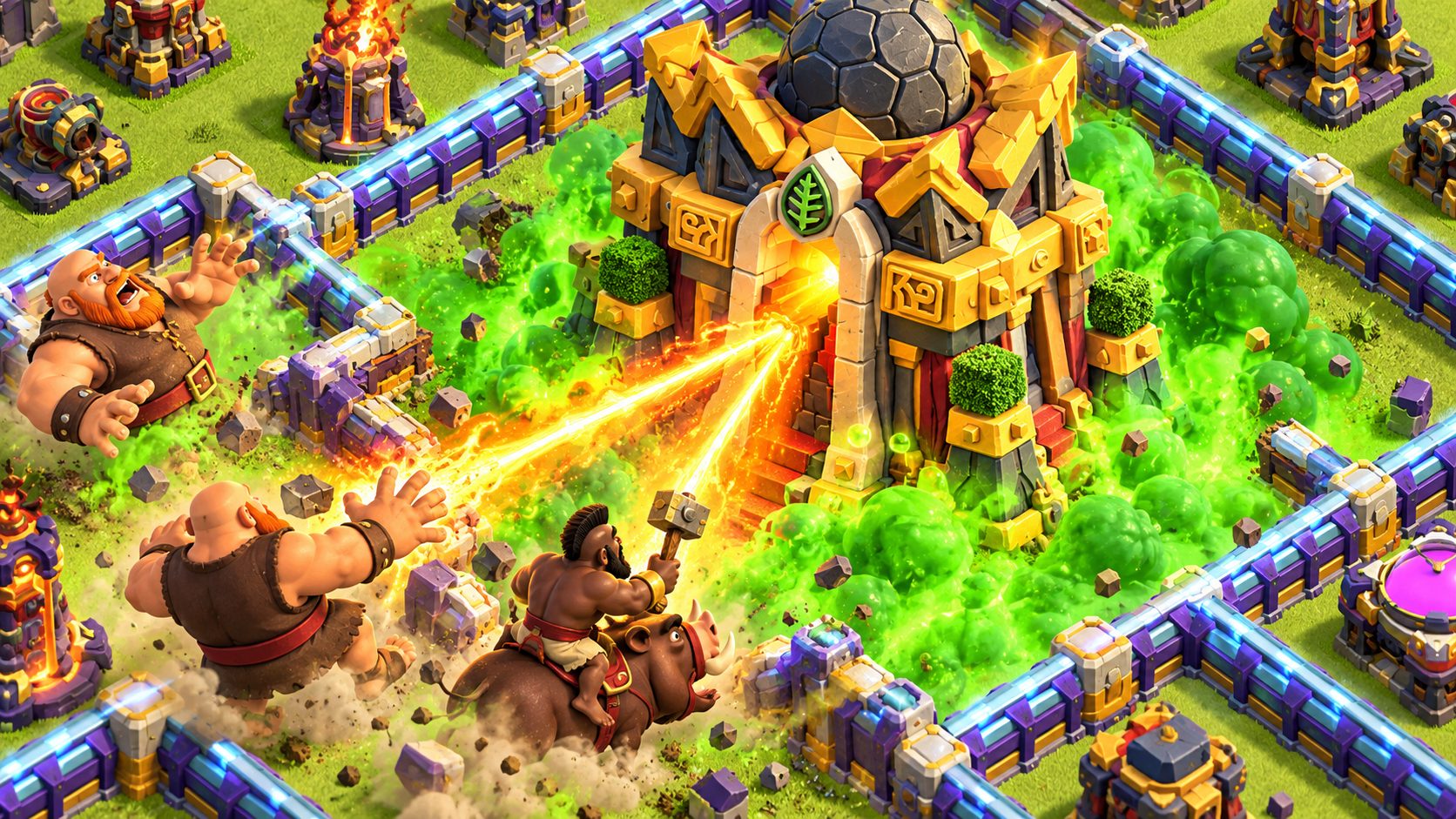 Ayuntamiento 16 de Clash of Clans con el Gigainferno activo y una nube de veneno frenando a los atacantes