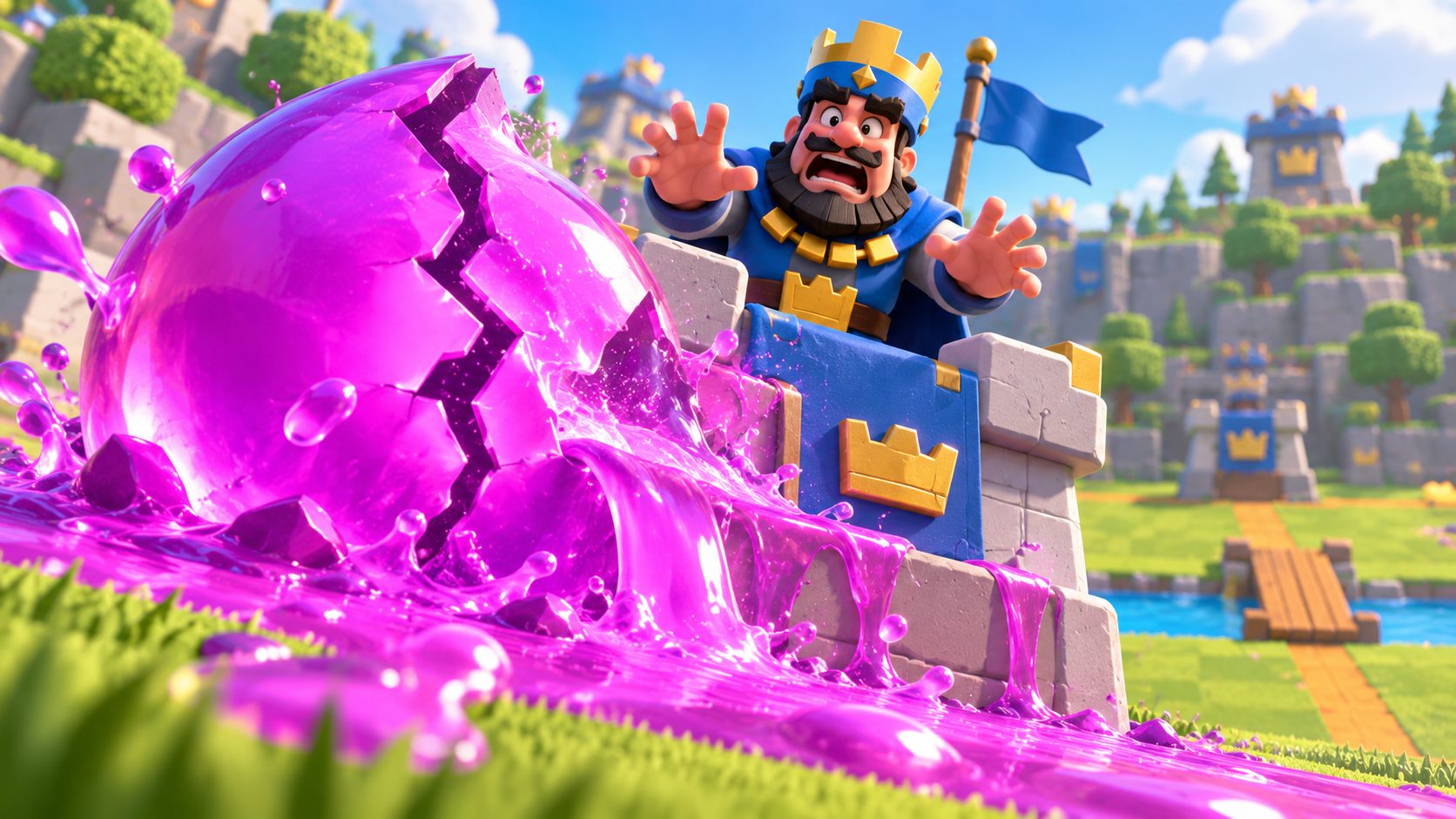 El rey de Clash Royale ve cómo una gota de elixir gigante revienta y se desborda en la arena