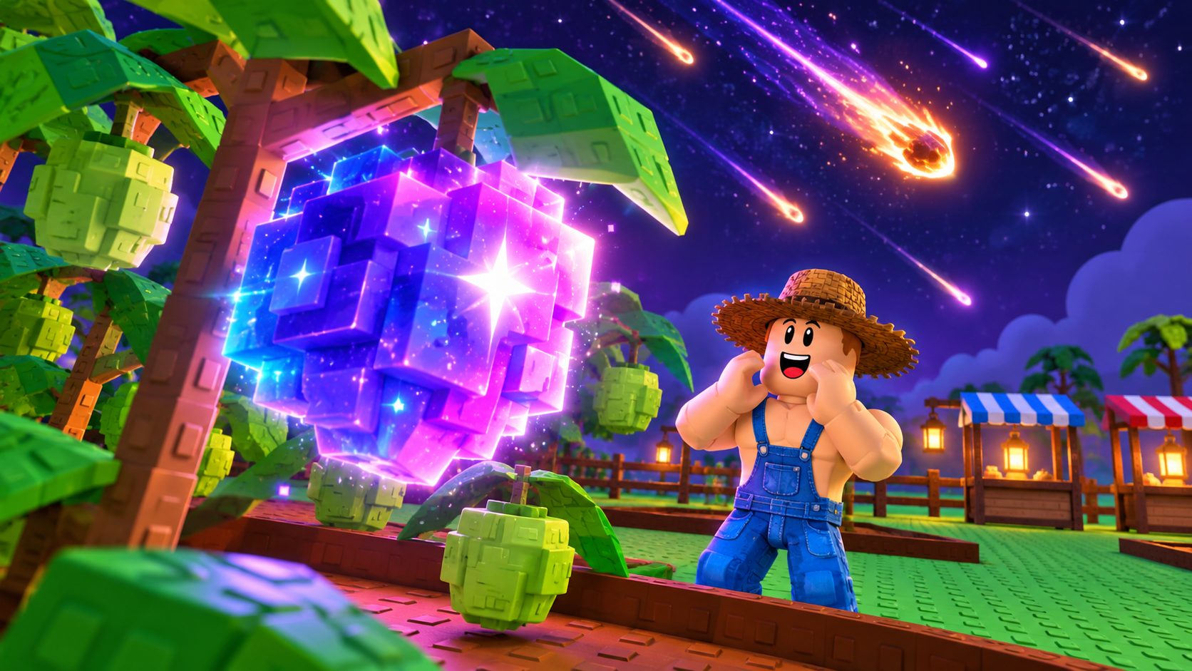 Lluvia de meteoritos sobre un huerto de Grow a Garden en Roblox con una fruta brillante mutada
