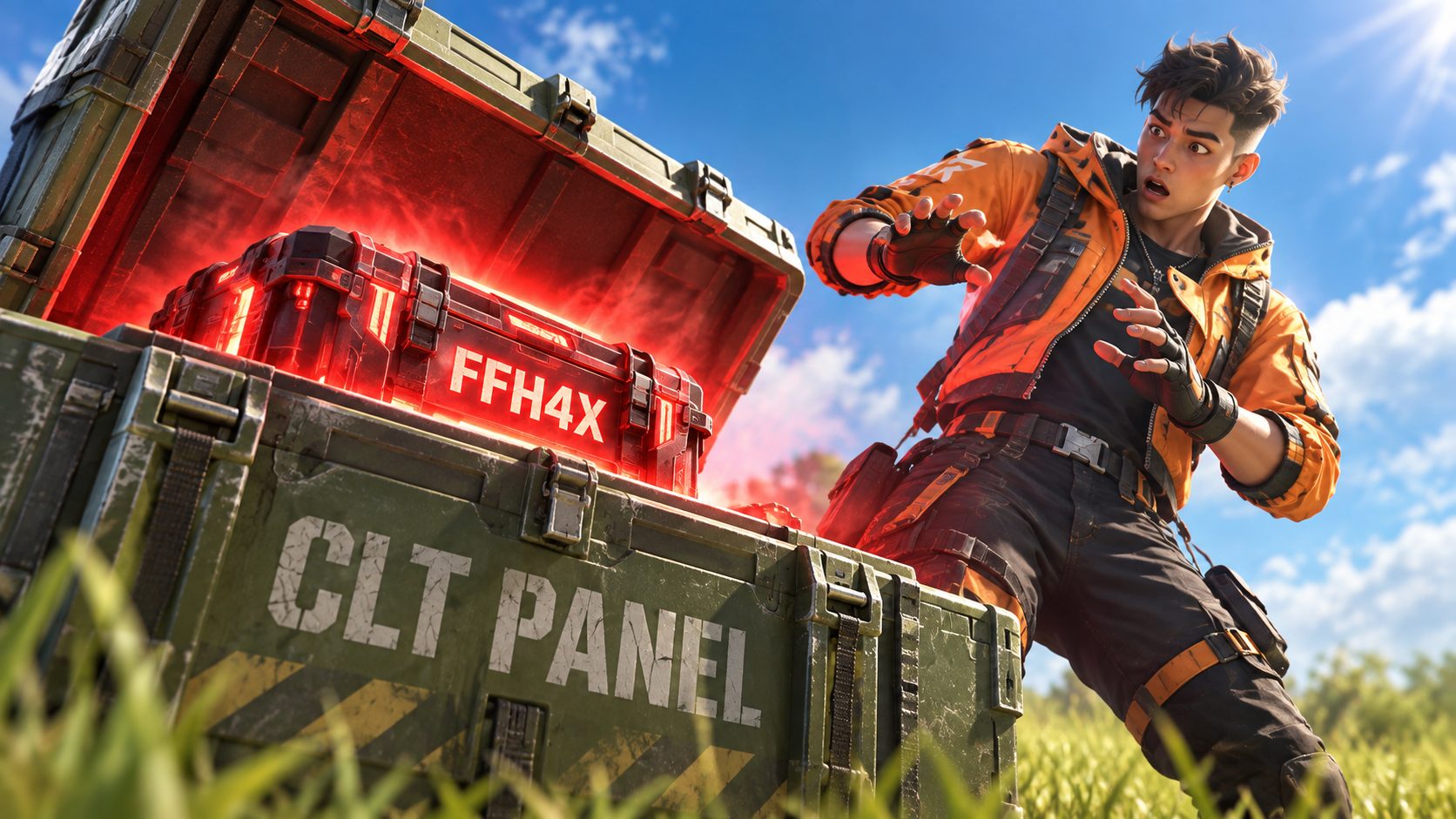 Superviviente de Free Fire que abre una caja con el rótulo CLT PANEL y encuentra dentro otra caja roja con el rótulo FFH4X