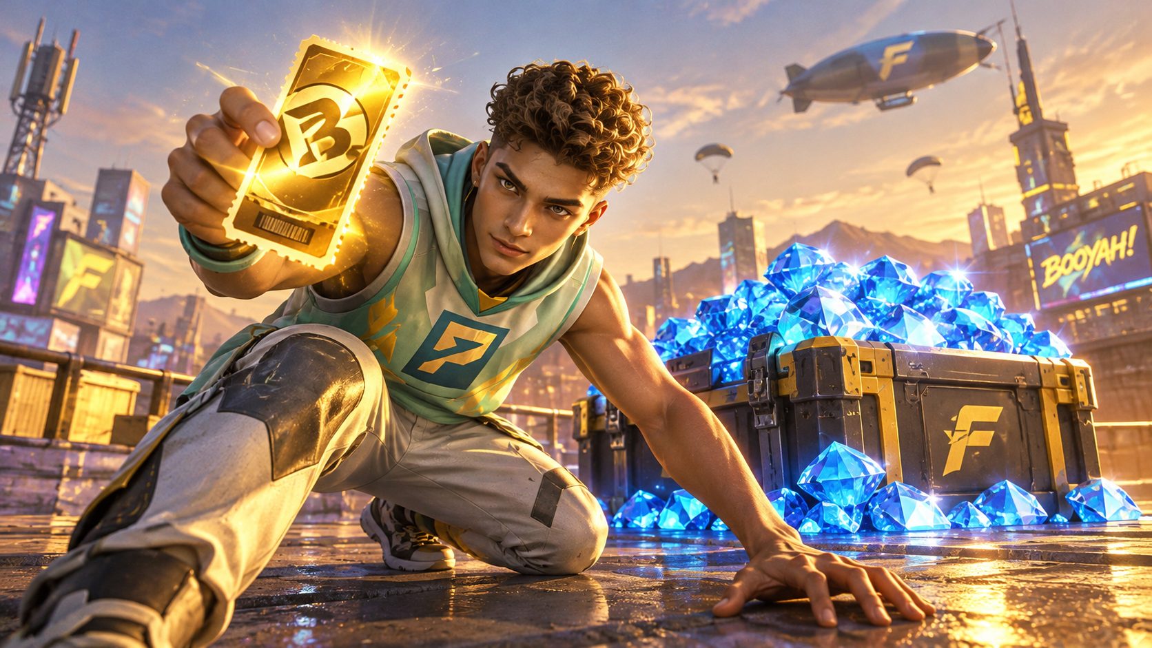 Jugador de Free Fire sostiene un cupón dorado frente a un montón de diamantes