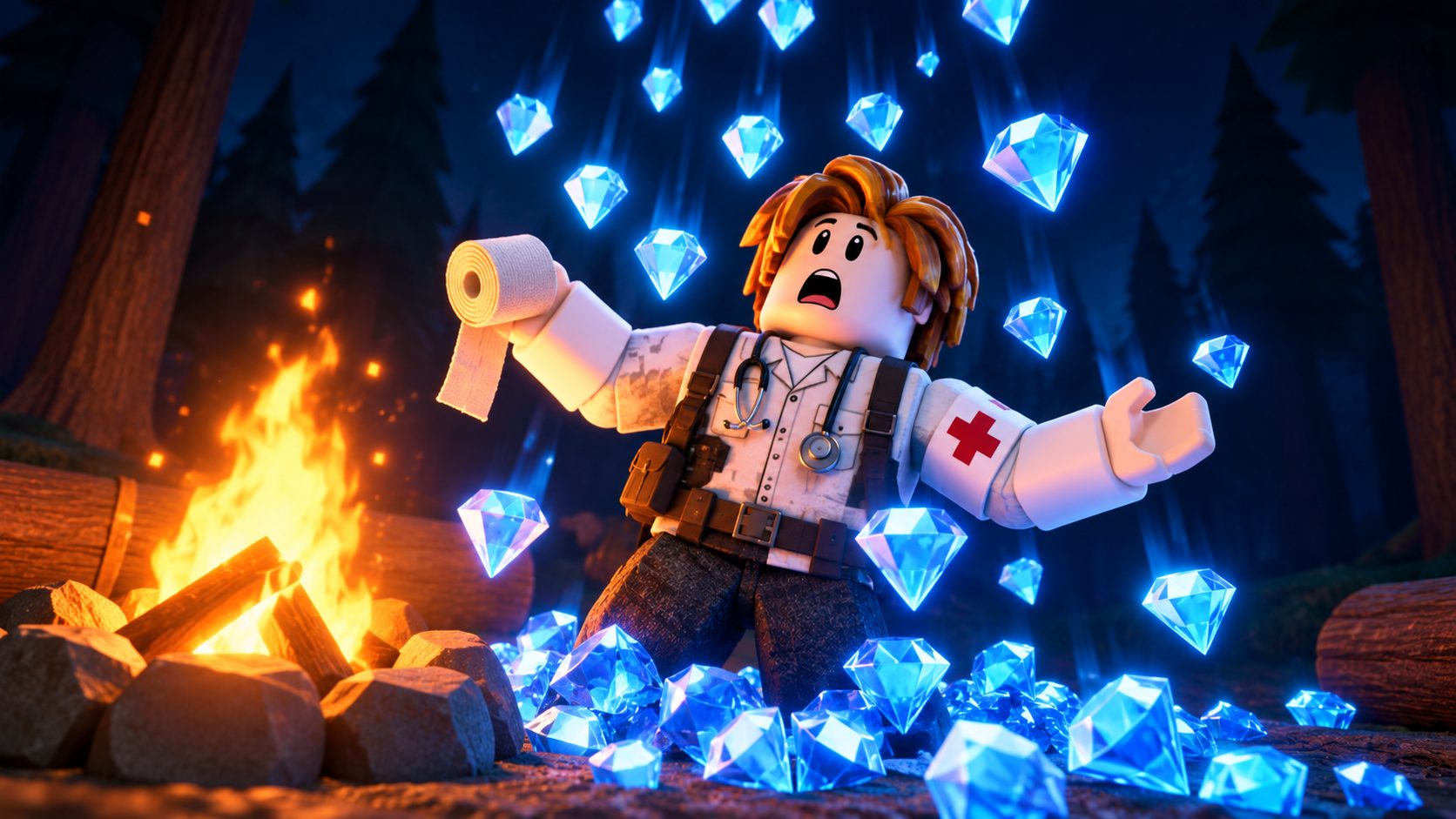 Avatar de Roblox vestido de médico junto a la hoguera de 99 Noches en el Bosque mientras le caen diamantes del cielo