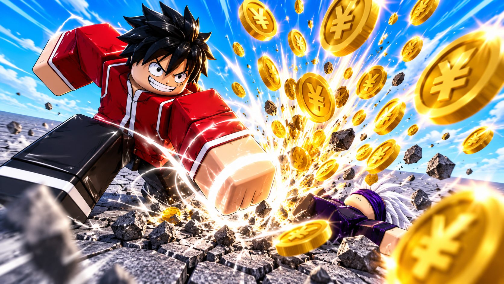 Un luchador de Anime Ability Arena derrota a un rival en la arena de Roblox y salta una lluvia de monedas de Yen