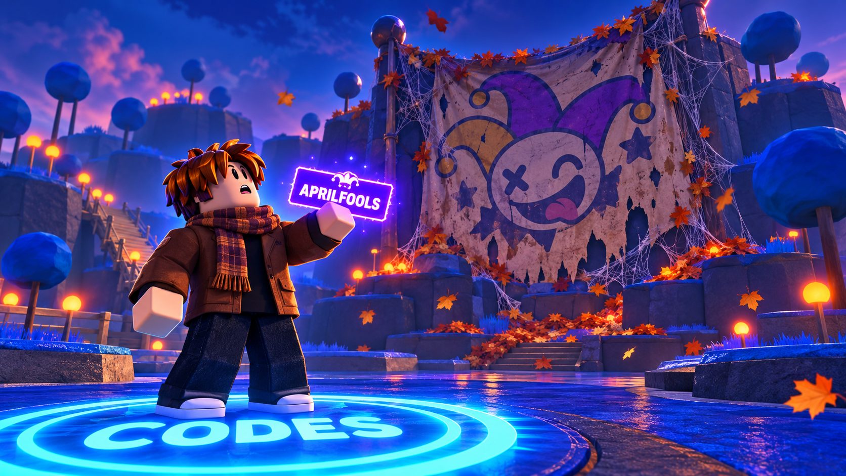 Avatar de Roblox en el círculo de códigos del lobby de Anime Adventures bajo un cartel viejo de April Fools lleno de hojas de otoño