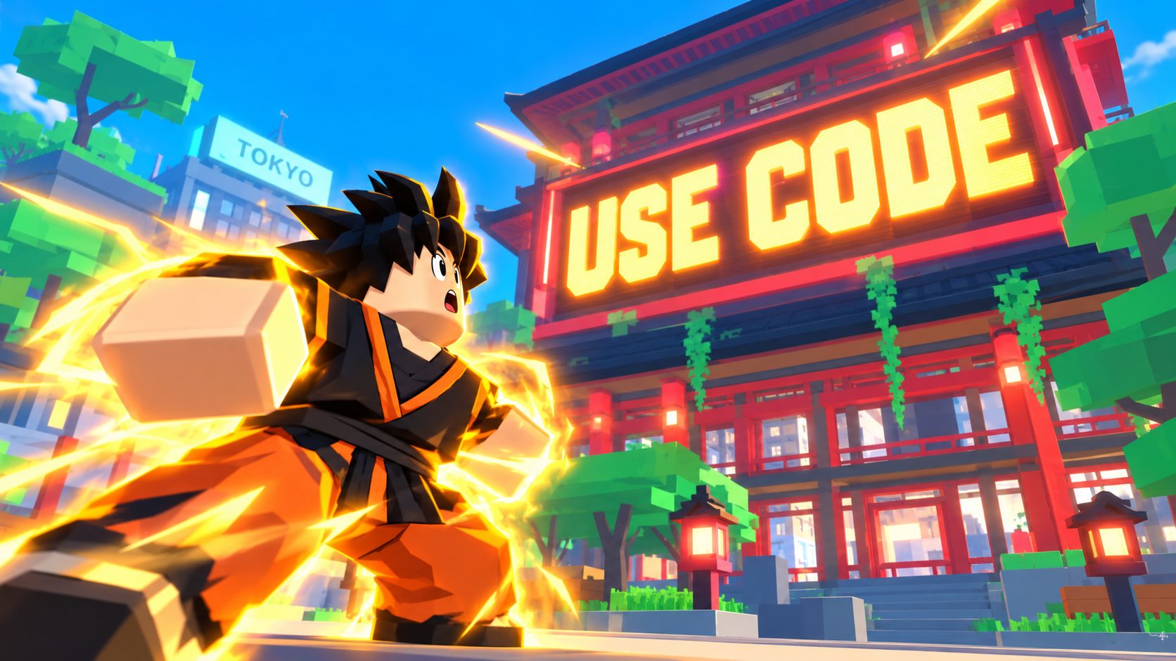 Luchador de Anime Fighting Simulator en Roblox mirando un cartel gigante con el código del juego