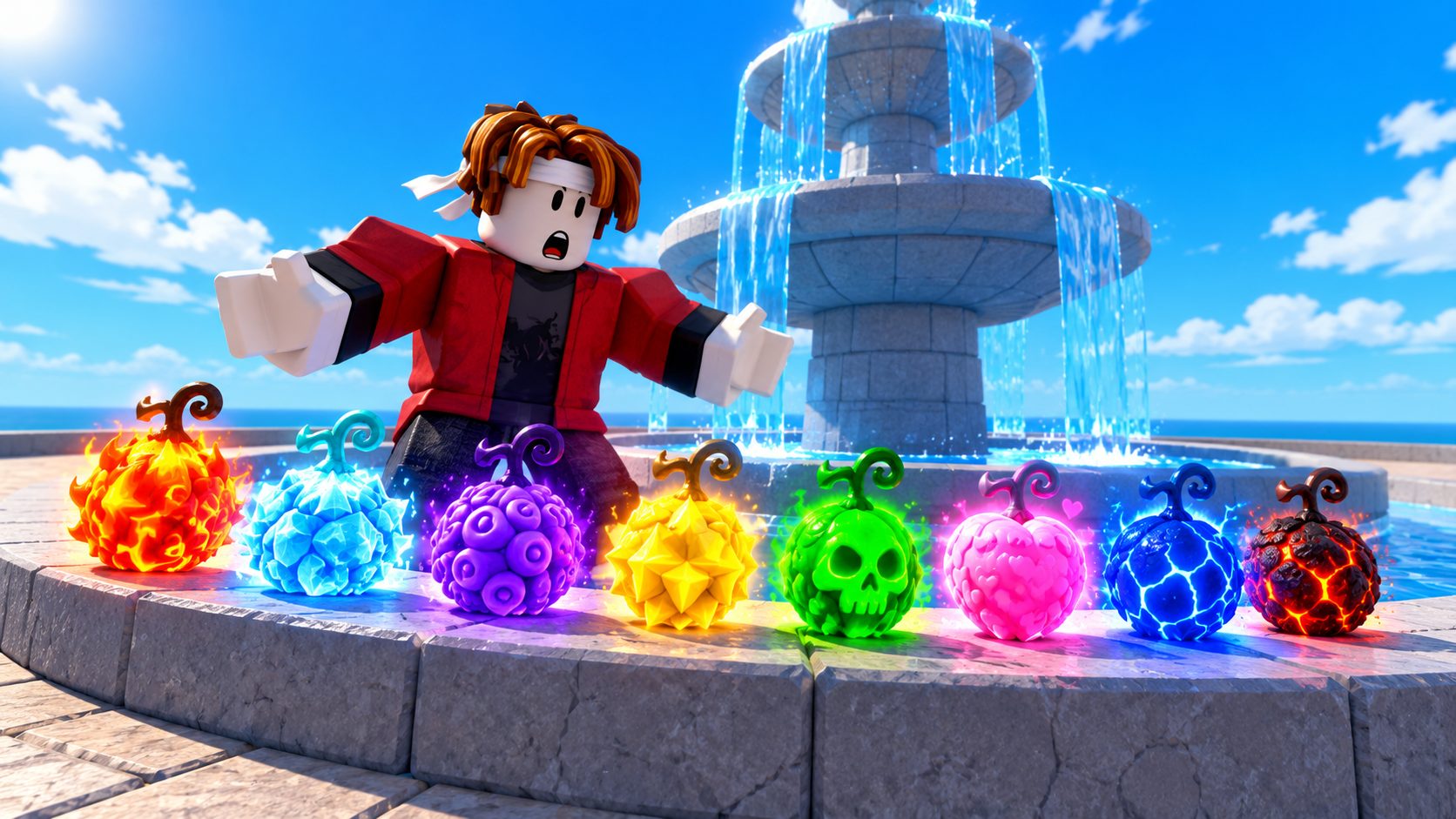 Avatar de Roblox sorprendido ante ocho frutas de poder brillantes junto a la fuente del pueblo de Anime Fruit