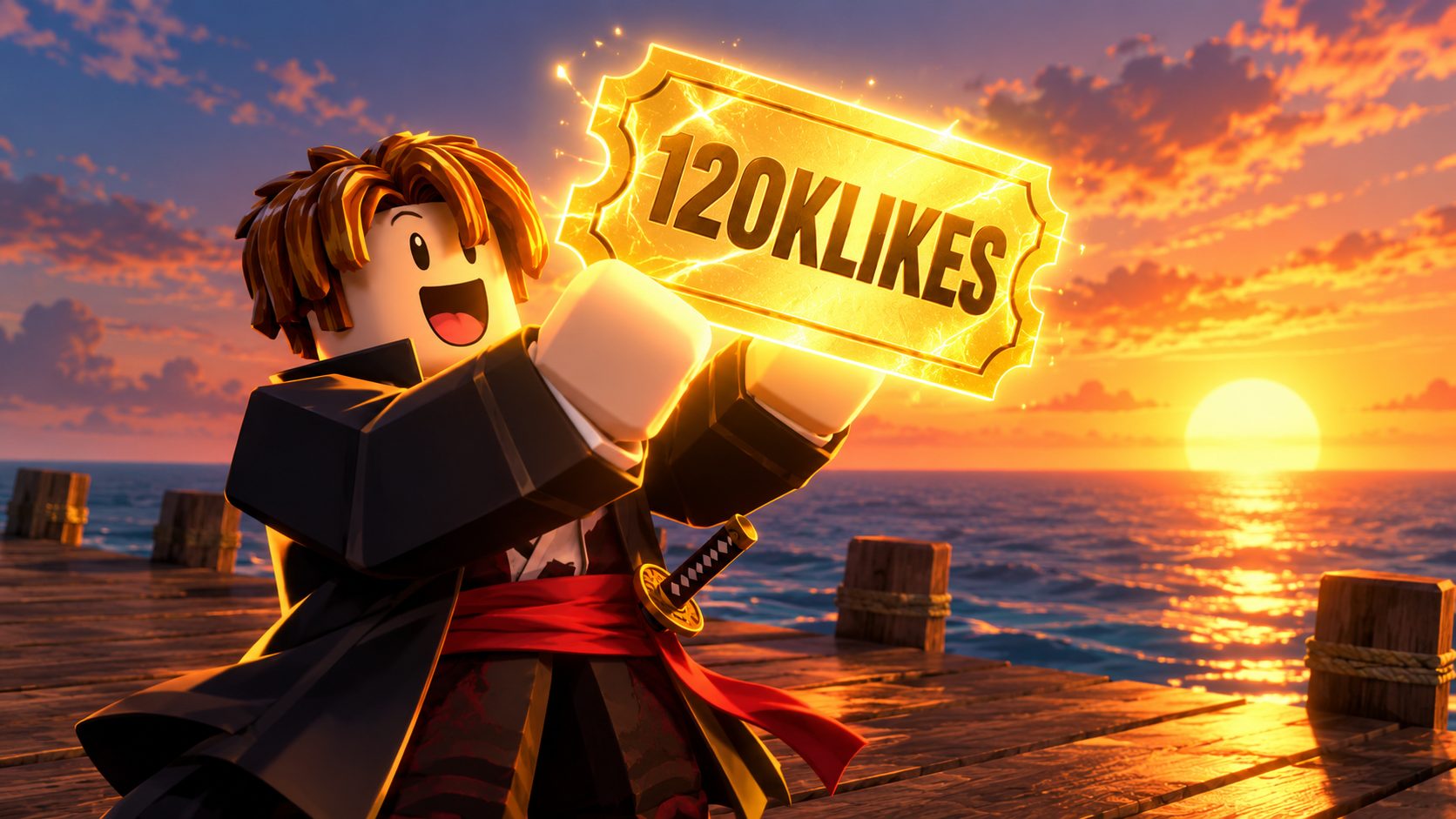 Avatar de Roblox en Anime Spirits sujeta un único código dorado, 120KLIKES, en un muelle al atardecer