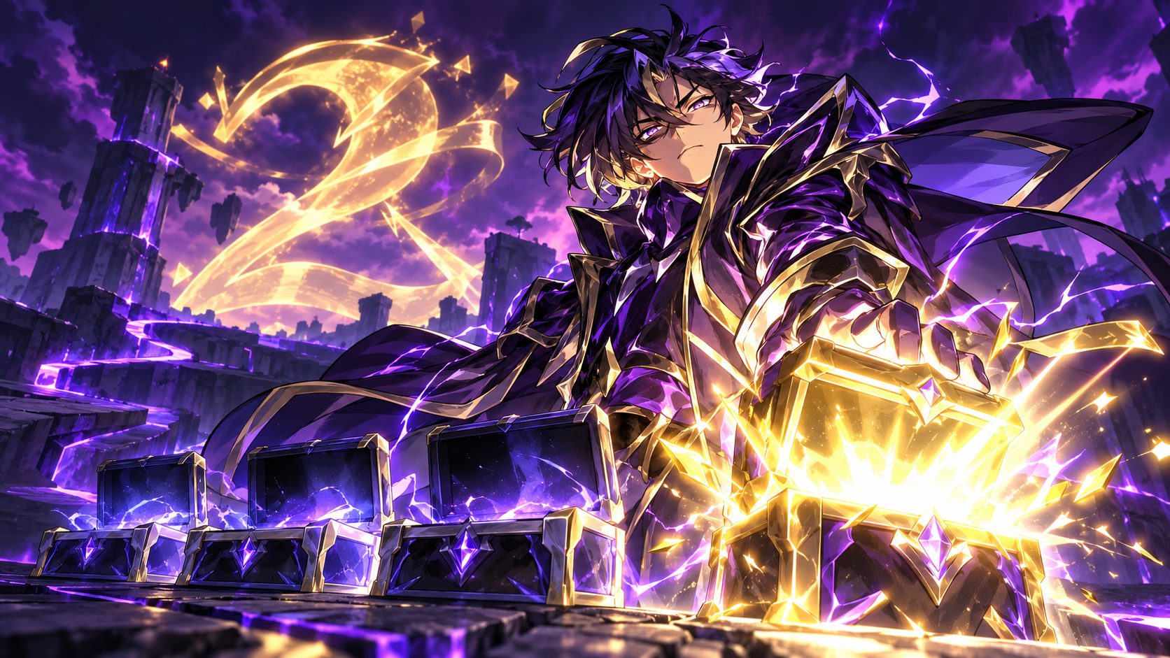 Héroe de Anime Vanguards abriendo el cuarto de cuatro cofres de recompensa ante un estandarte dorado con el número 2