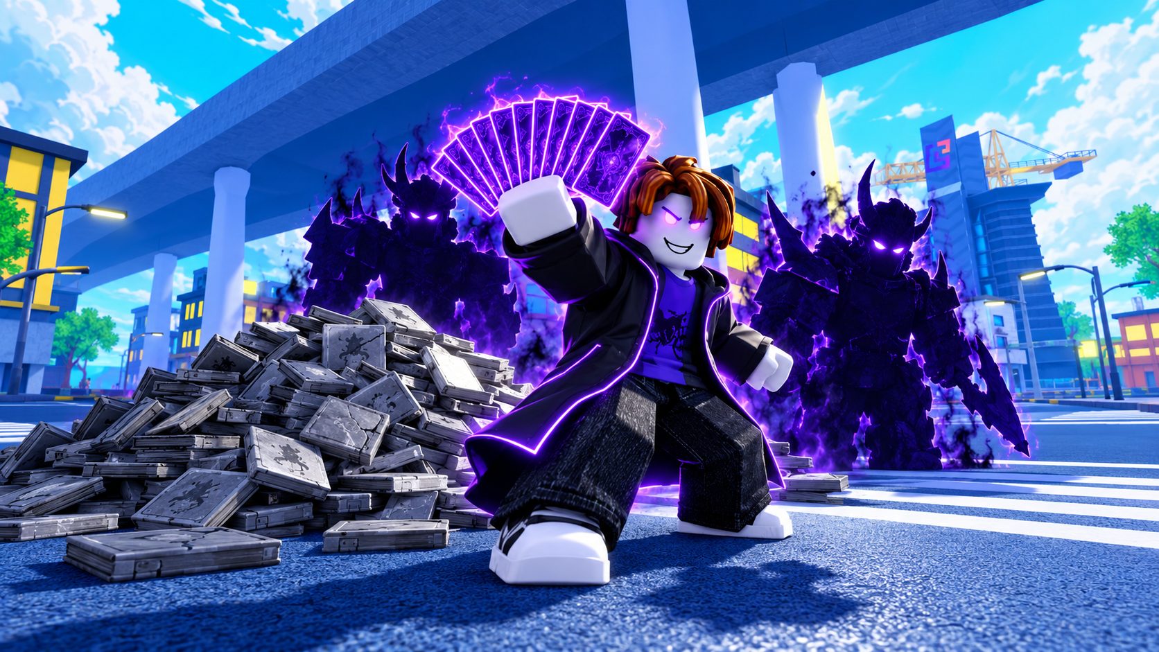 Avatar de Arise Crossover en Roblox con once cartas de código violetas junto a un montón de tablillas grises y dos sombras detrás