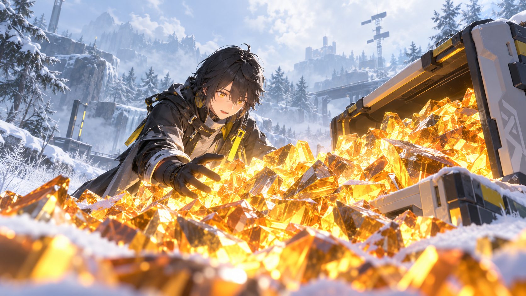 El Endministrator de Arknights Endfield abre una caja de la que sale un montón de cristales de Oroberilio en el bosque nevado de Wuling