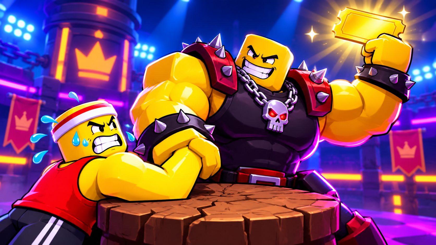 Avatar de Roblox echando un pulso en Arm Wrestle Simulator contra un jefe que le aleja un ticket dorado