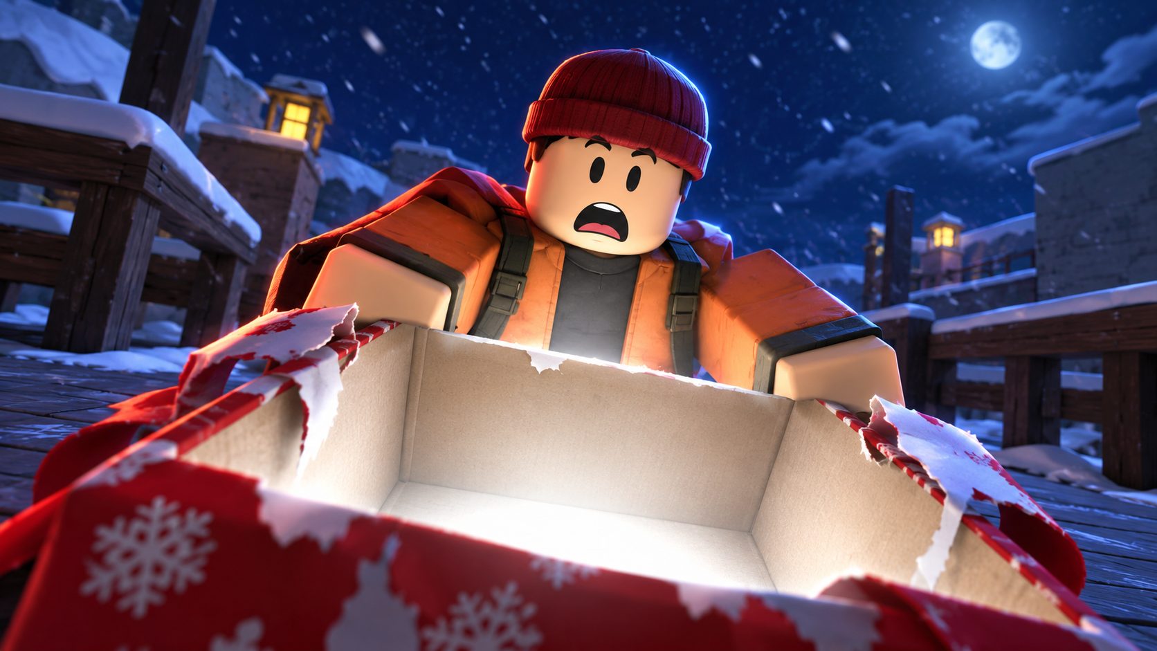 Personaje de Arsenal en Roblox abre una caja de regalo vacía sobre un puente nevado de noche