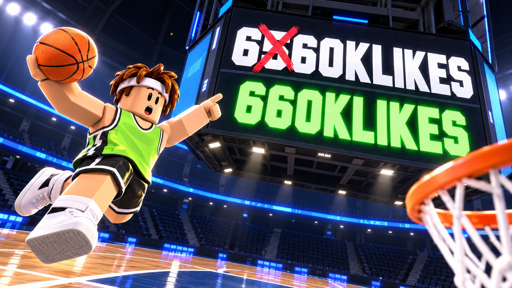 Jugador de Roblox saltando a canasta en Basketball Legends bajo un marcador con 6560KLIKES tachado y 660KLIKES en verde
