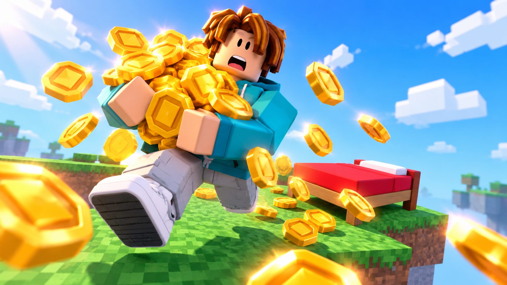 Avatar de Roblox en una isla flotante de BedWars junto a su cama roja, cargado de monedas doradas