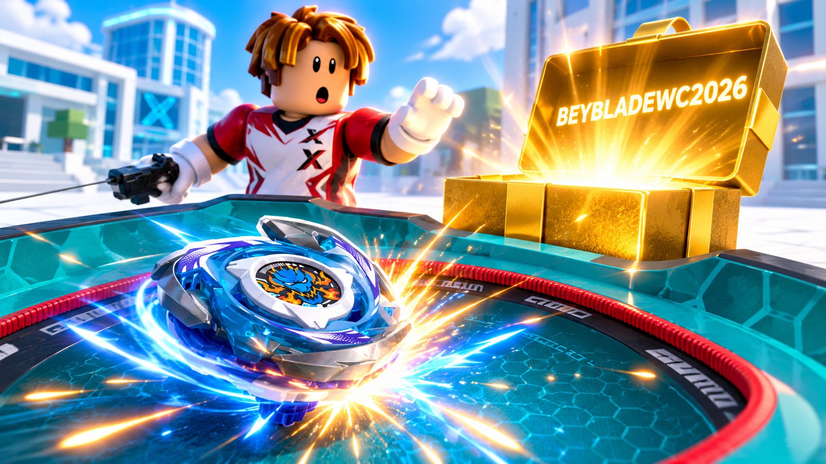 Peonza azul de Beyblade X girando en el estadio de BEYBLADE X-BATTLES en Roblox junto a una caja de regalo abierta con el código BEYBLADEWC2026