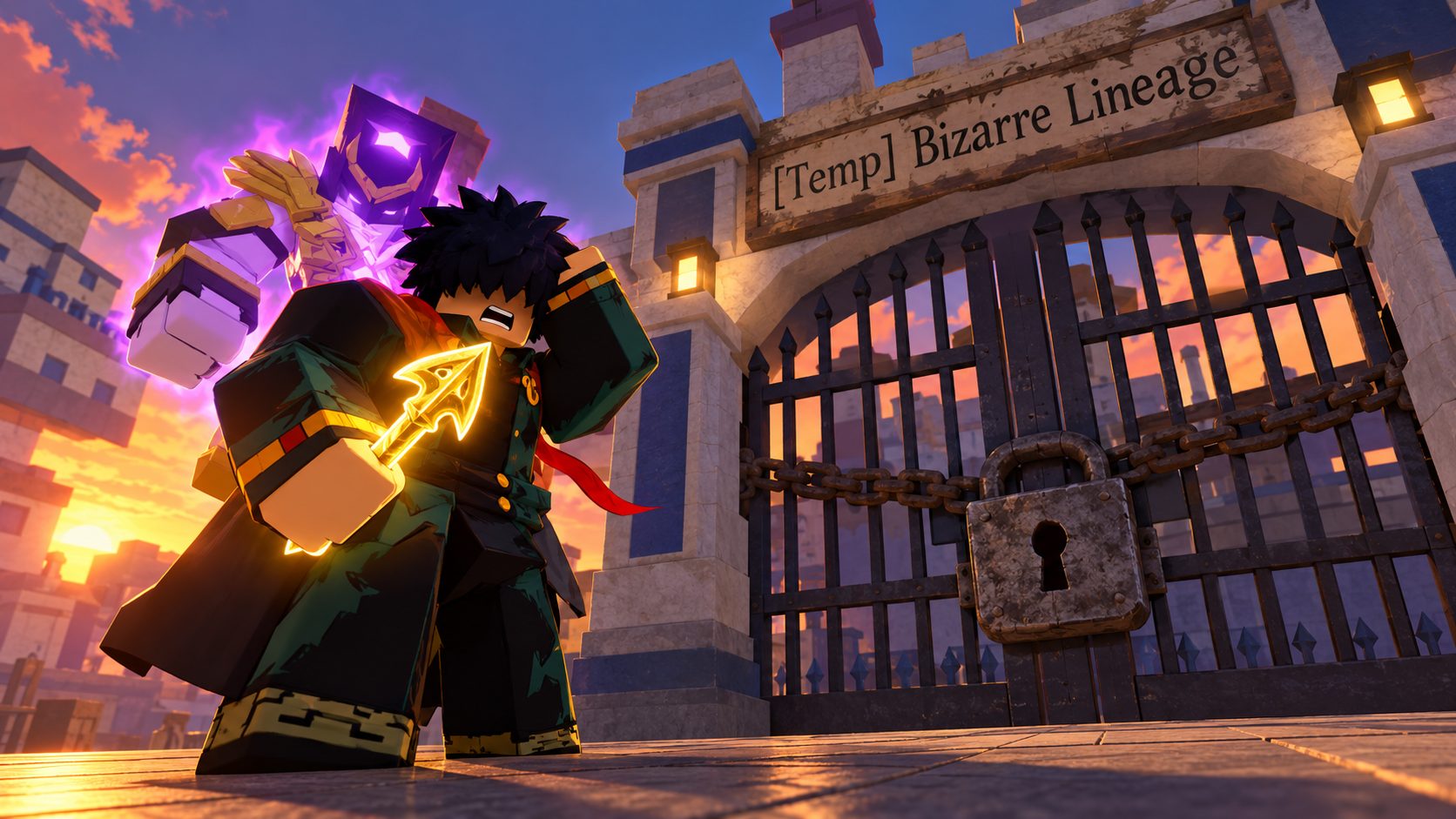 Avatar de Roblox con una flecha de stand delante de la puerta cerrada de Bizarre Lineage