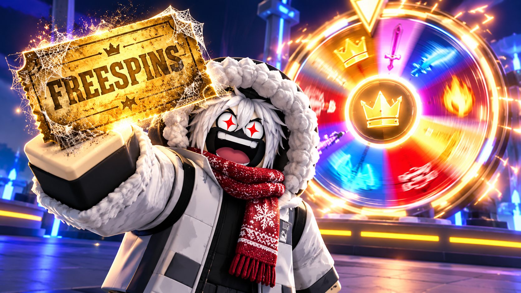 Avatar de Blade Ball con un viejo código FREESPINS delante de la ruleta de tiradas