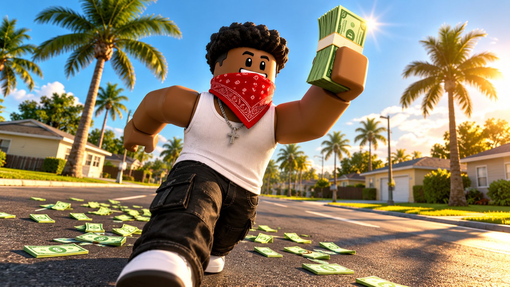 Avatar de BlockSpin en Roblox con un fajo de billetes en una calle de Florida