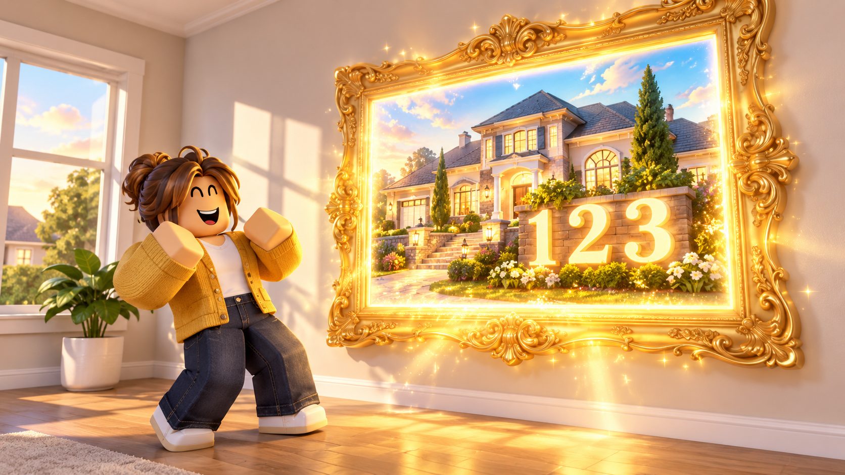 Un personaje de Welcome to Bloxburg ve cómo un cuadro enorme de su casa se llena de color