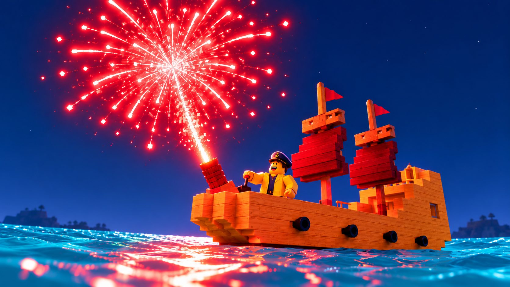 Fuego artificial rojo explotando sobre un barco de bloques en Build A Boat For Treasure de Roblox