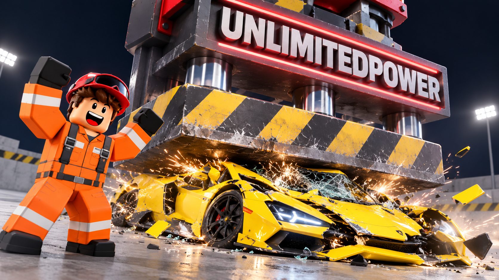 Una trituradora gigante de Car Crushers 2 aplasta un superdeportivo amarillo bajo un cartel con el código UNLIMITEDPOWER