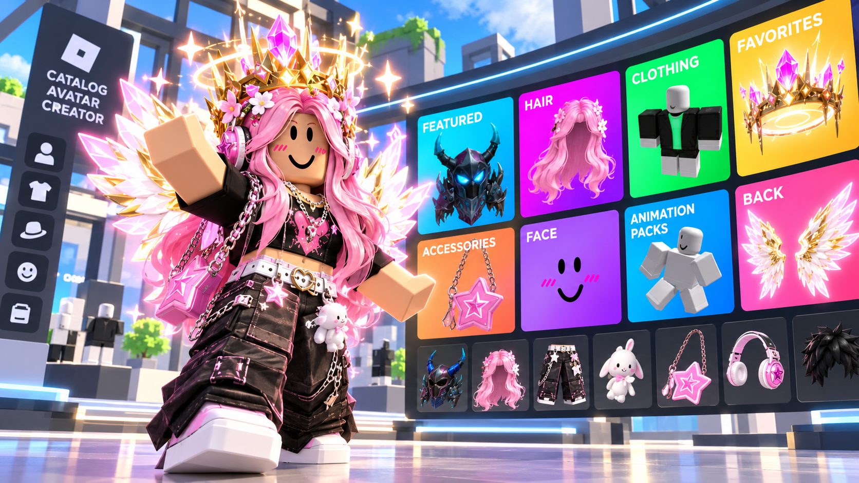 Avatar de Roblox probándose a la vez muchos objetos del catálogo en Catalog Avatar Creator