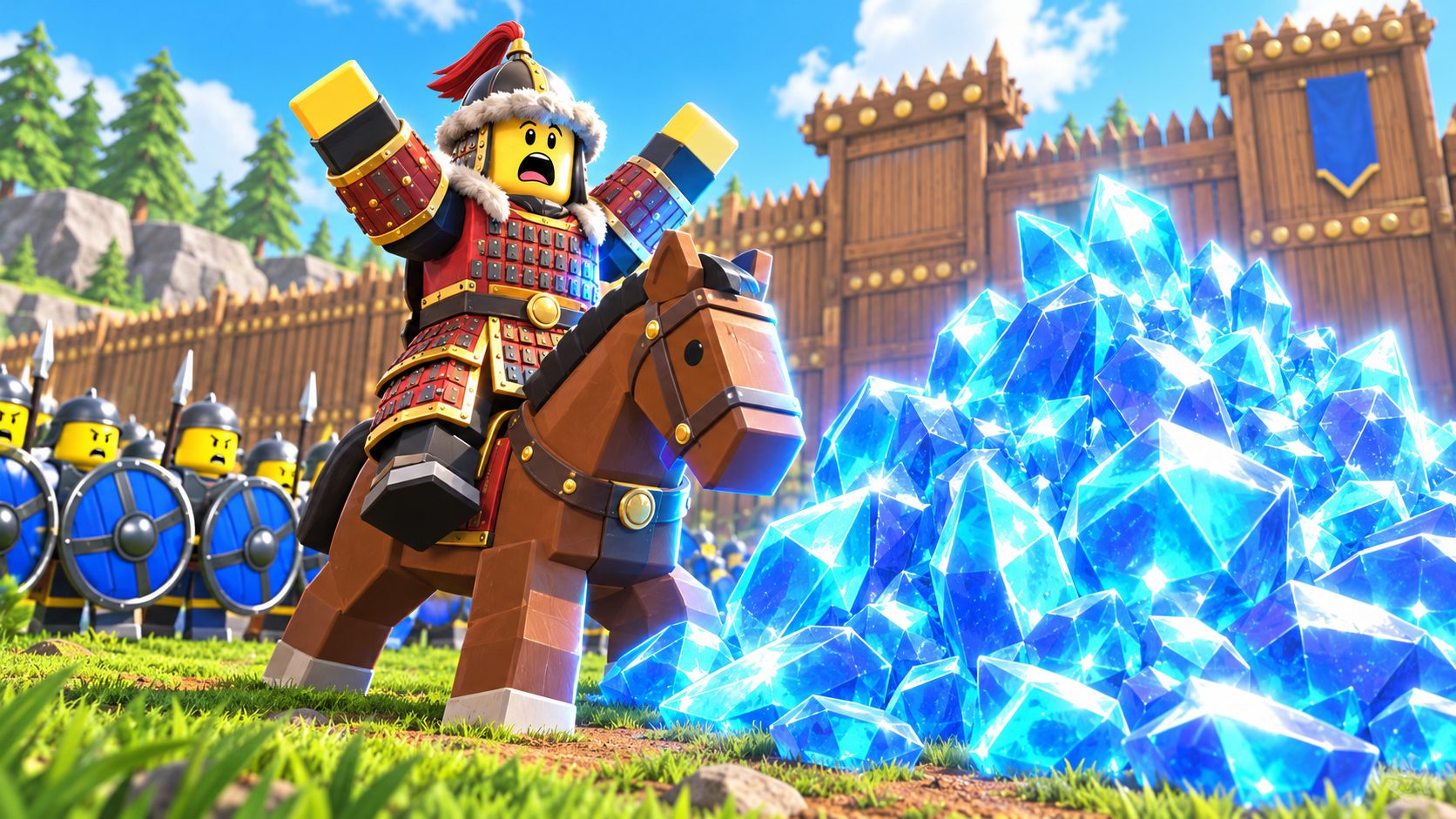 Comandante de Command An Army en Roblox junto a un montón de cristales de habilidad