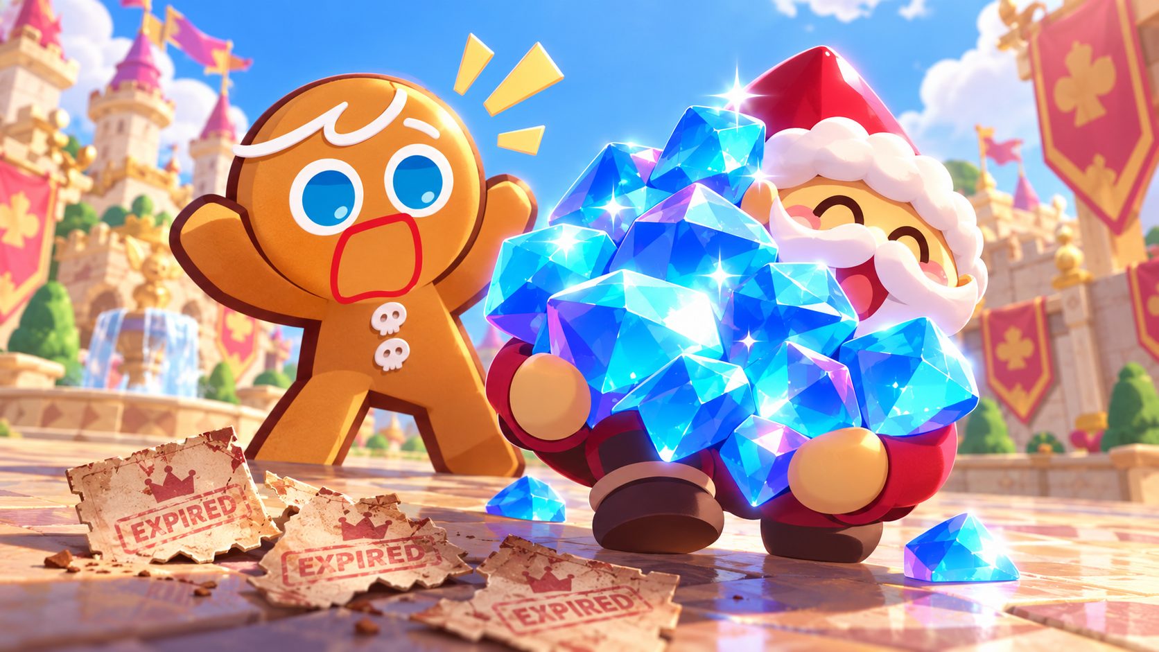 GingerBrave mira asombrado a un gnomo de azúcar que le ofrece un montón de cristales junto a cupones rotos