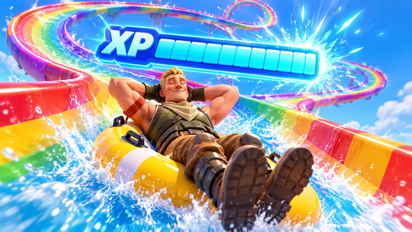 Personaje de Fortnite relajado en un tobogán infinito con una barra de XP enorme