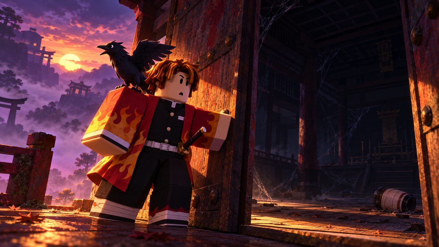Avatar de Roblox cazador de demonios ante una sala de santuario vacía y llena de telarañas en Demonfall