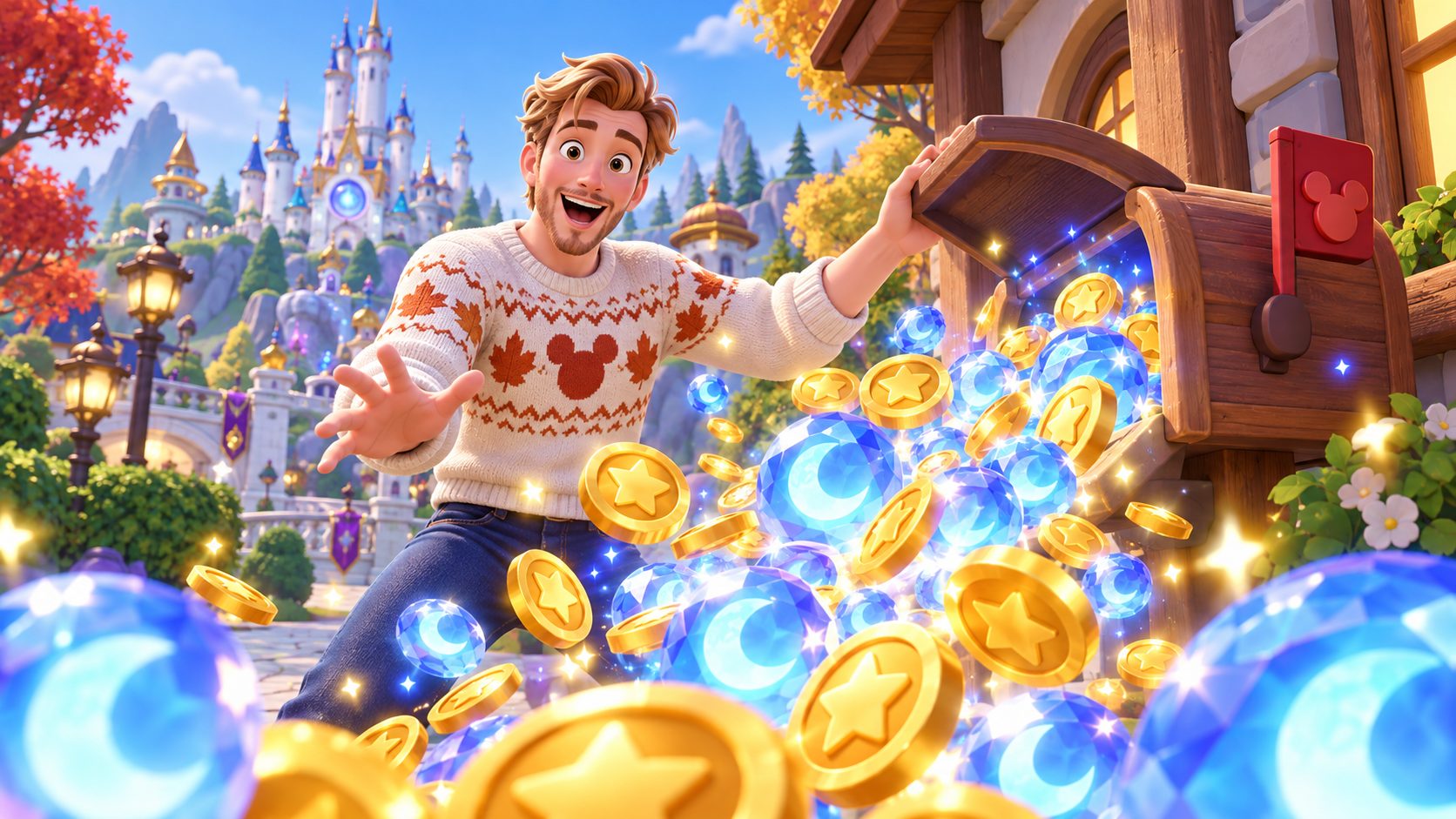 Personaje de Disney Dreamlight Valley abre su buzón lleno de piedras lunares y monedas