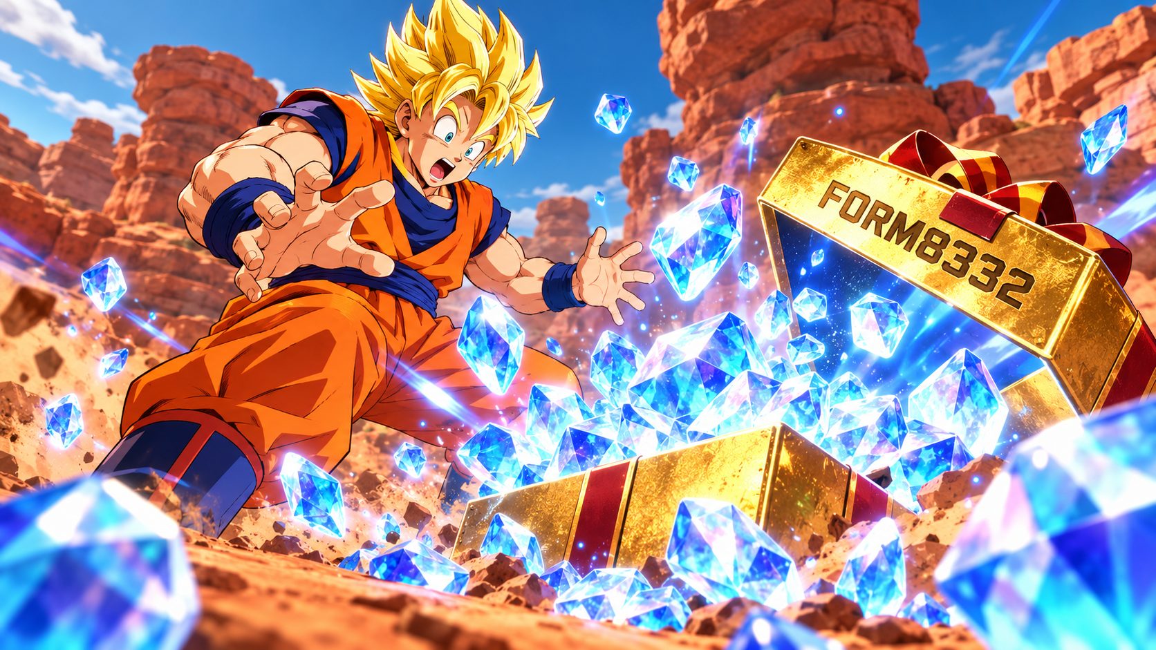 Goku en Dragon Ball Legends ante una lluvia de cronocristales que sale de un regalo con el código FORM8332