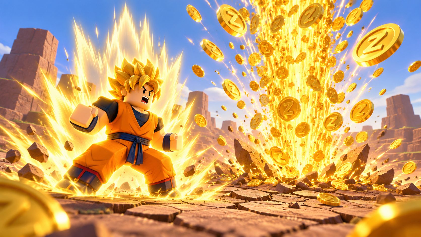Avatar de Roblox con traje de artes marciales cargando energía junto a una lluvia de monedas Zeni en Dragon Ball Rage