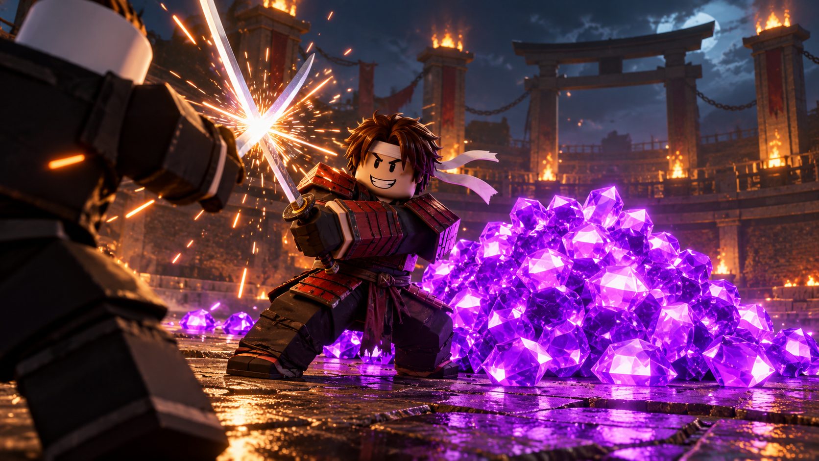 Avatar de Roblox con armadura de samurái parando un golpe con la katana junto a un montón de gemas en una arena de Dueling Grounds