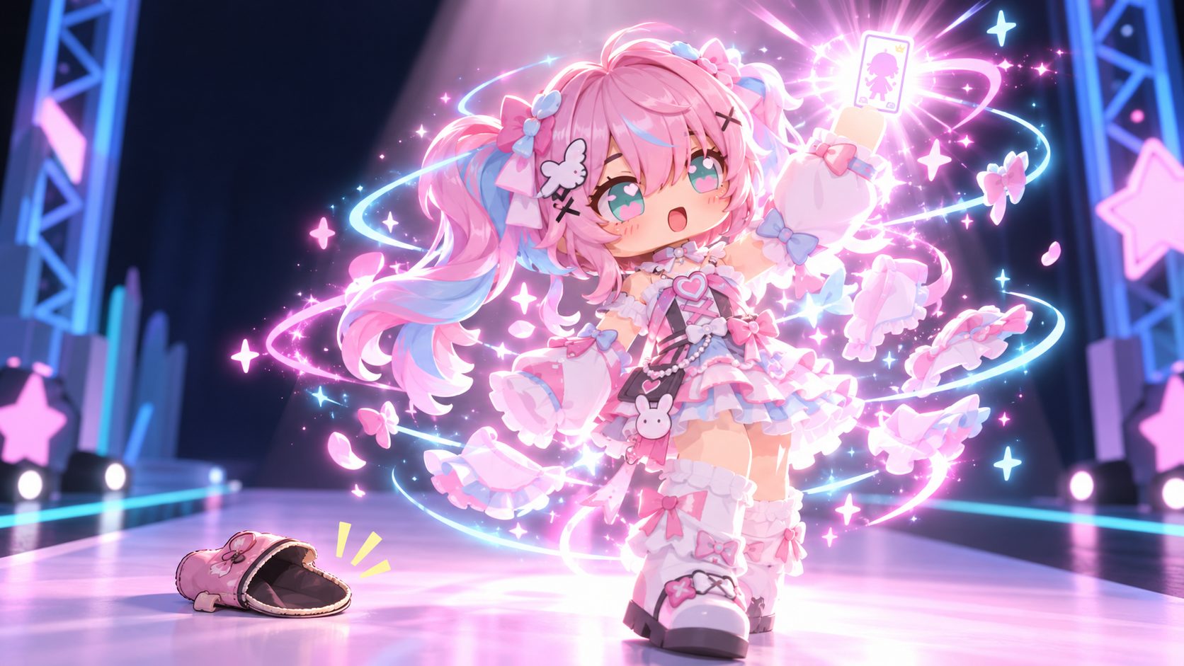 Avatar de Gacha Online en la pasarela del juego estrenando un personaje nuevo que sale de una tarjeta de código, con un monedero vacío a sus pies