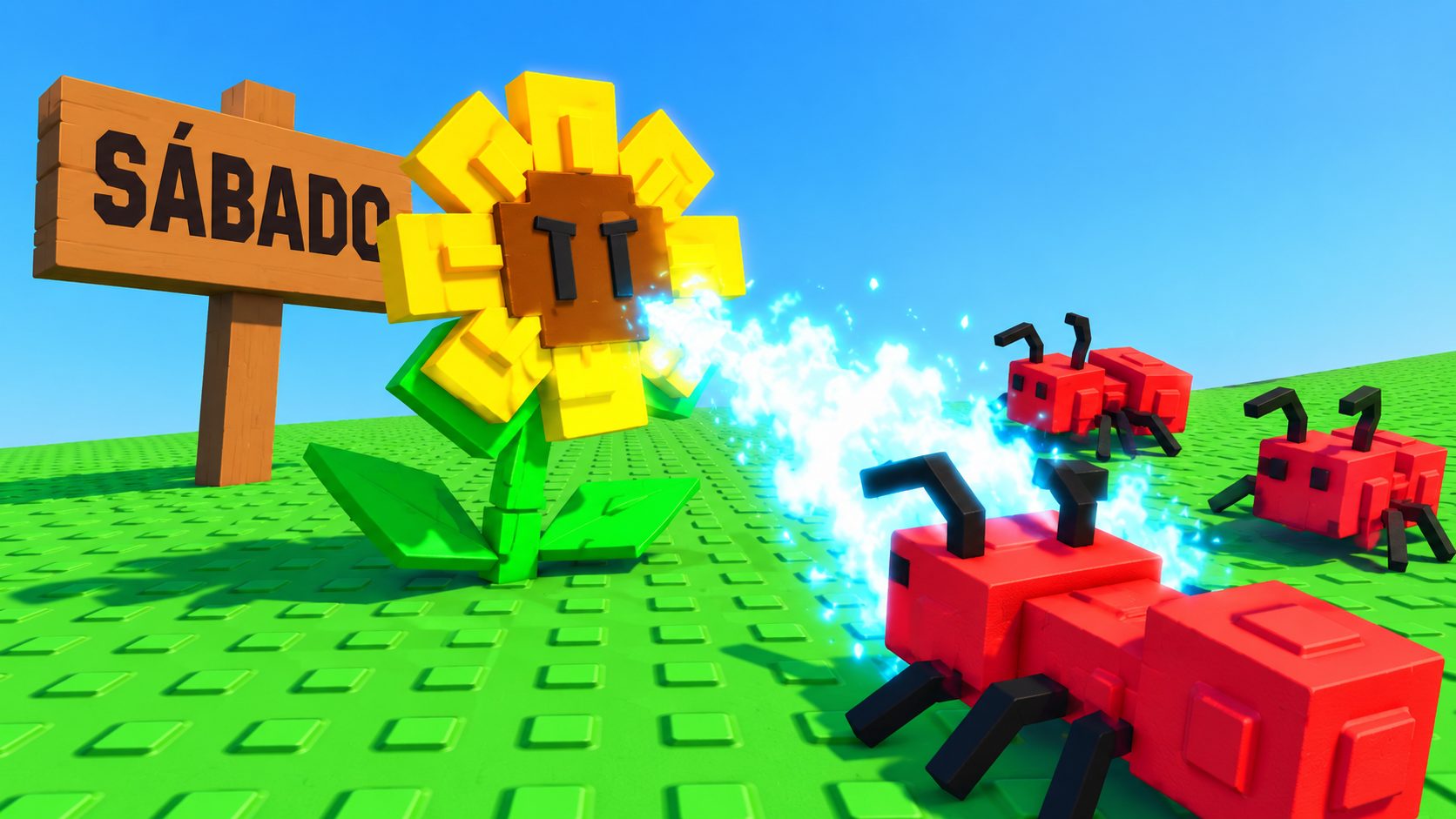 Girasol defensor de Garden Tower Defense frente a una oleada de hormigas rojas junto a un cartel de sábado