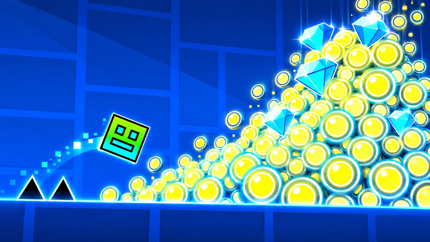 El cubo de Geometry Dash salta sorprendido delante de una montaña de orbes de maná y diamantes