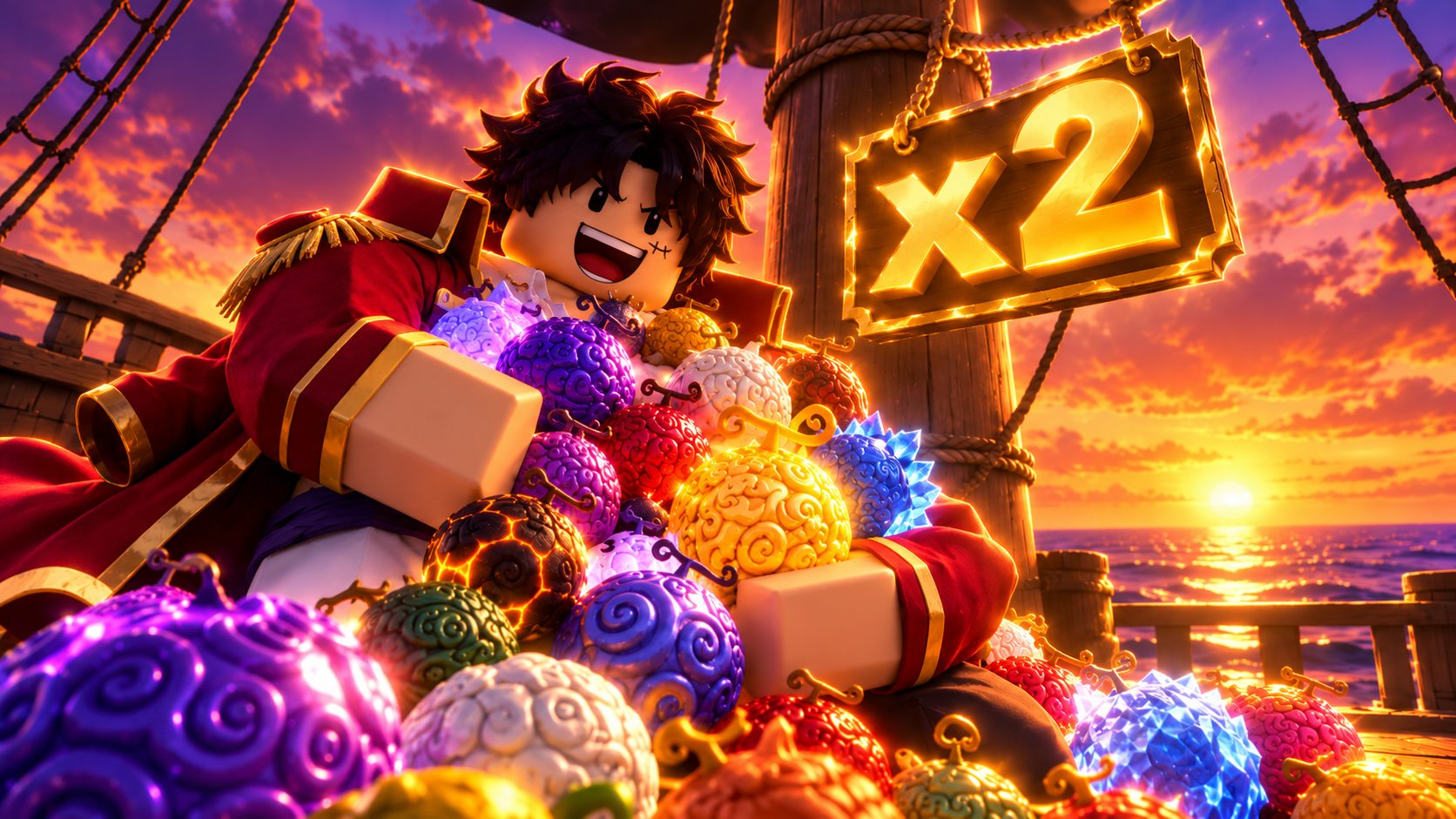 Pirata de Grand Piece Online en Roblox abrazando un montón de frutas brillantes bajo un cartel x2