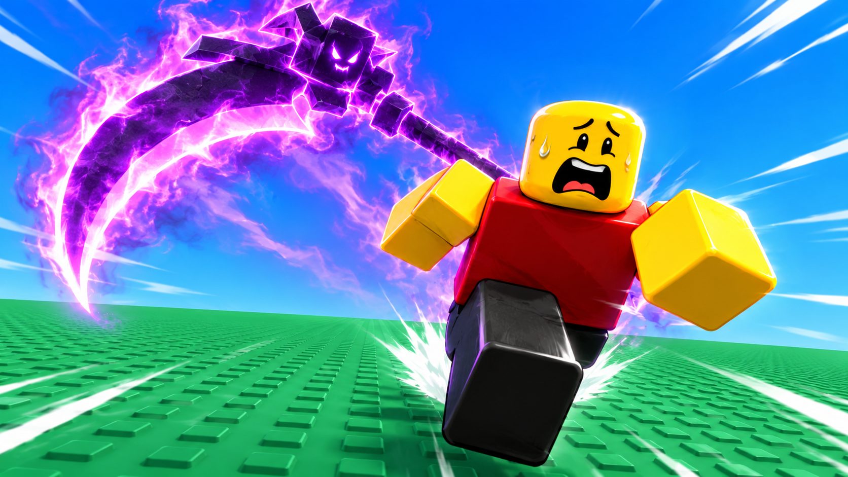 Un avatar de Roblox huye corriendo de una guadaña fantasma gigante en Huss Valley