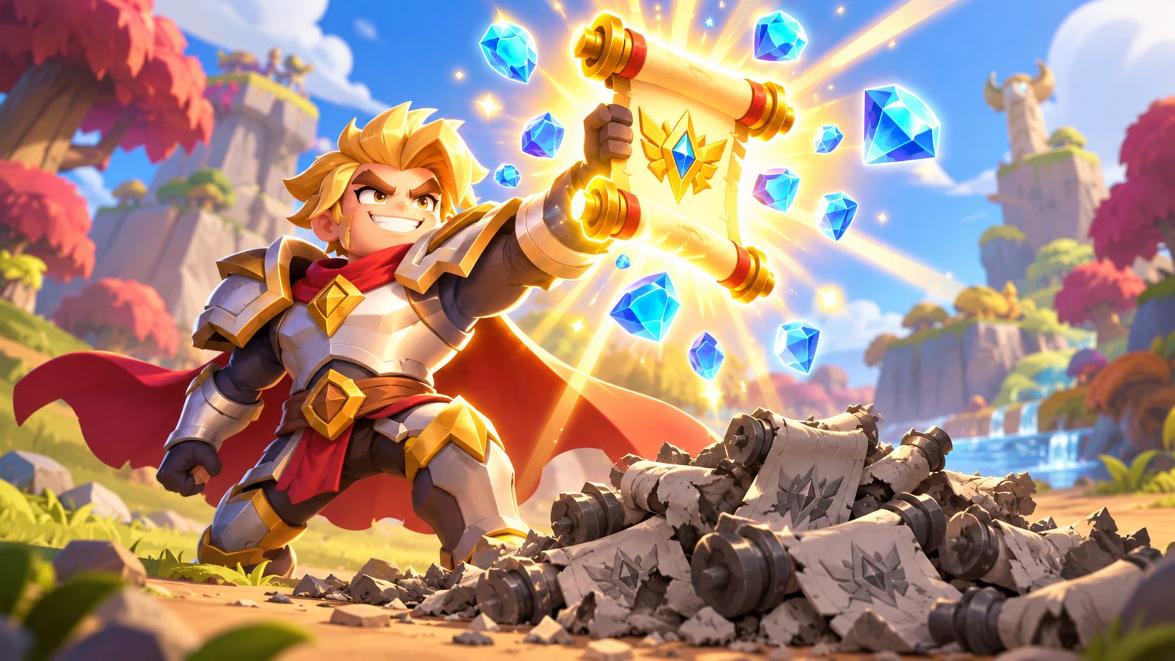 Un héroe de Idle Heroes levanta un pergamino de invocación que brilla junto a un montón de pergaminos apagados