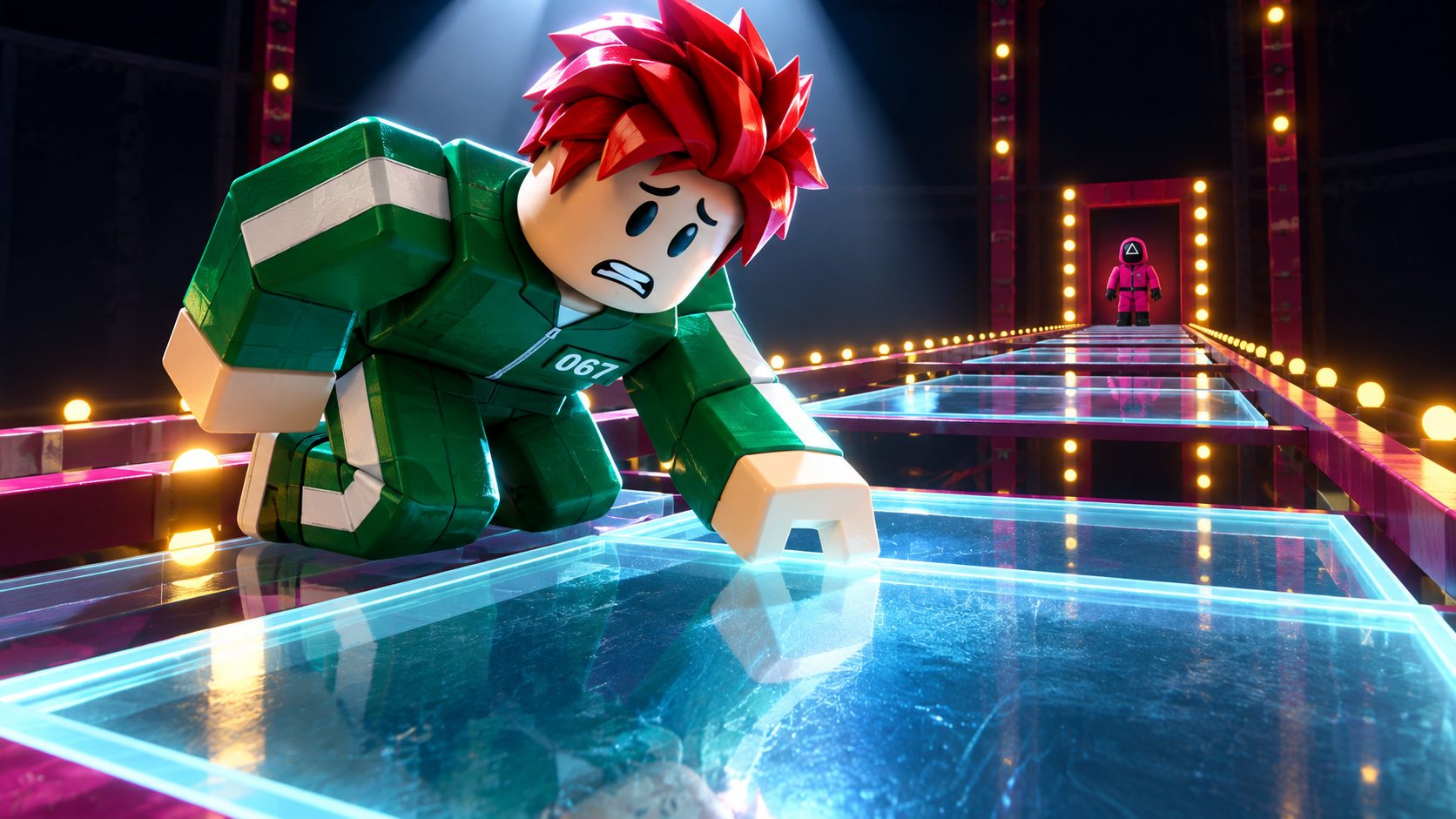 Jugador de Ink Game en Roblox ante el puente de cristal